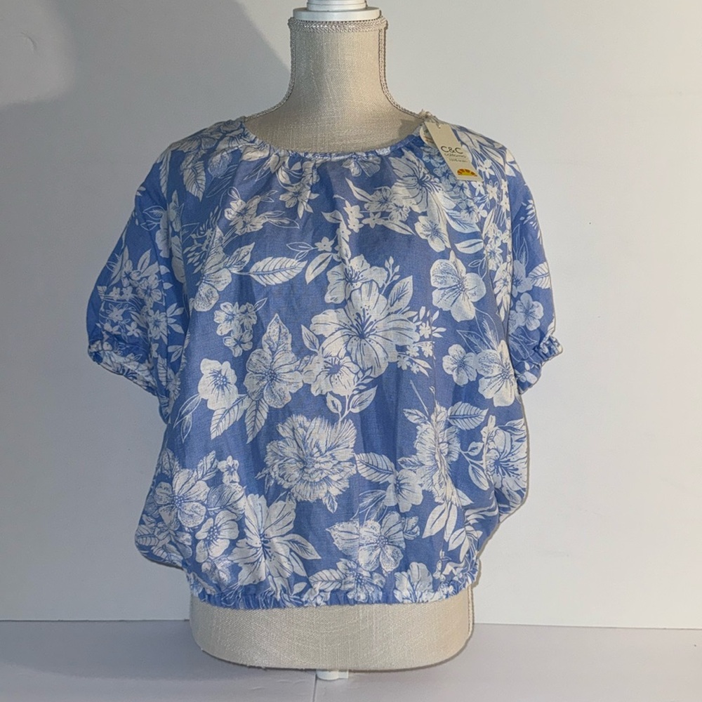 C & C California Blue and White Floral Hawaiian Print Linen Blouse Sz XL NWTGS